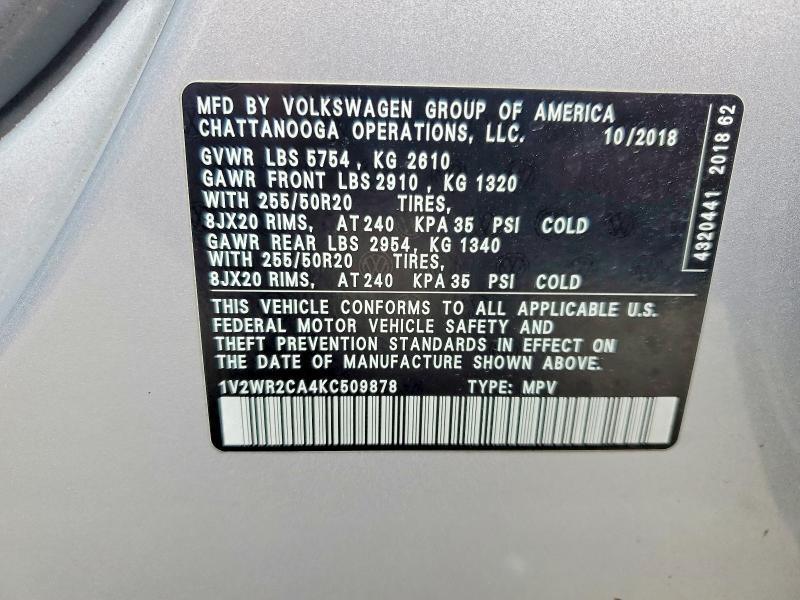 Aukcja sprzedaży 2019 Volkswagen Atlas, vin: 1V2WR2CA4KC509878, numer aukcji: 53646986
