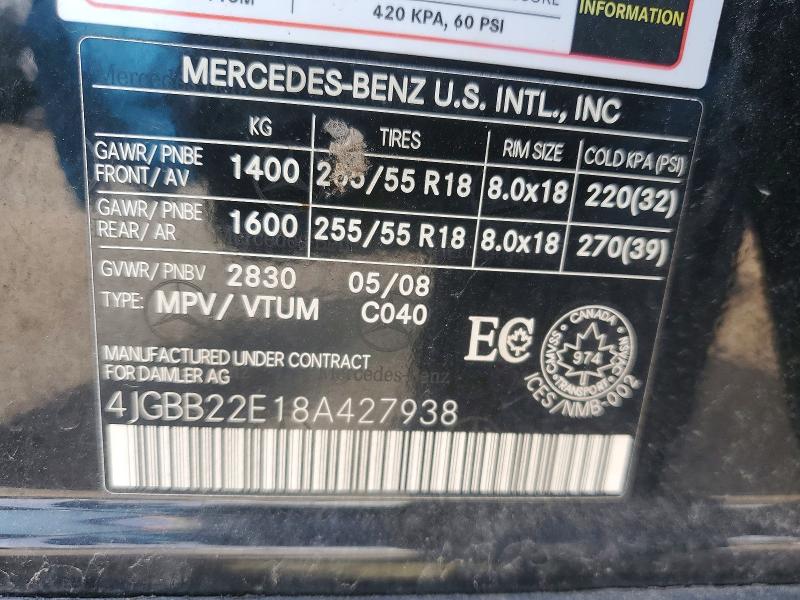 2008 Mercedes Benz Ml მანქანა იყიდება აუქციონზე, vin: 4JGBB22E18A427938, აუქციონის ნომერი: 51885226