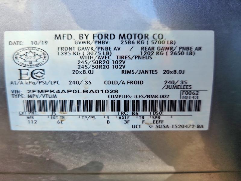 49956166 :رقم المزاد ، 2FMPK4AP0LBA01028 vin ، 2020 Ford Edge مزاد بيع