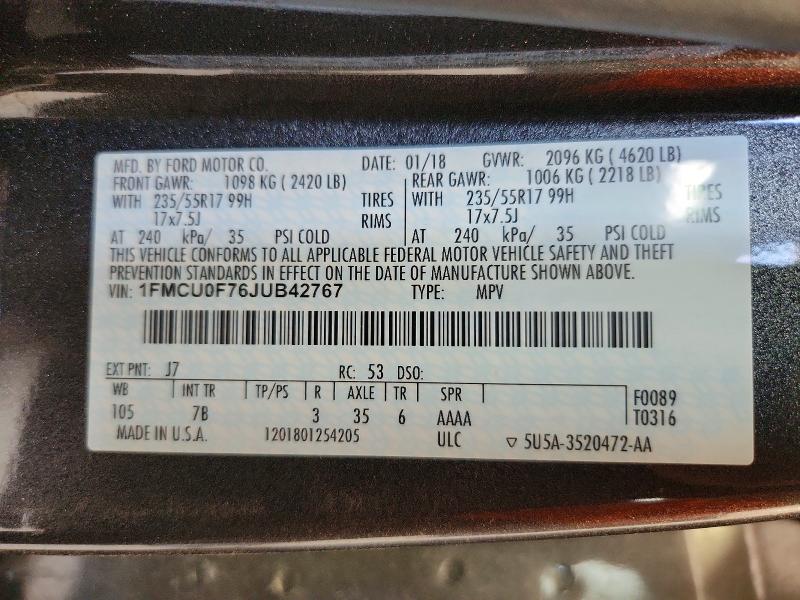 Aukcja sprzedaży 2018 Ford Escape, vin: 1FMCU0F76JUB42767, numer aukcji: 53121336