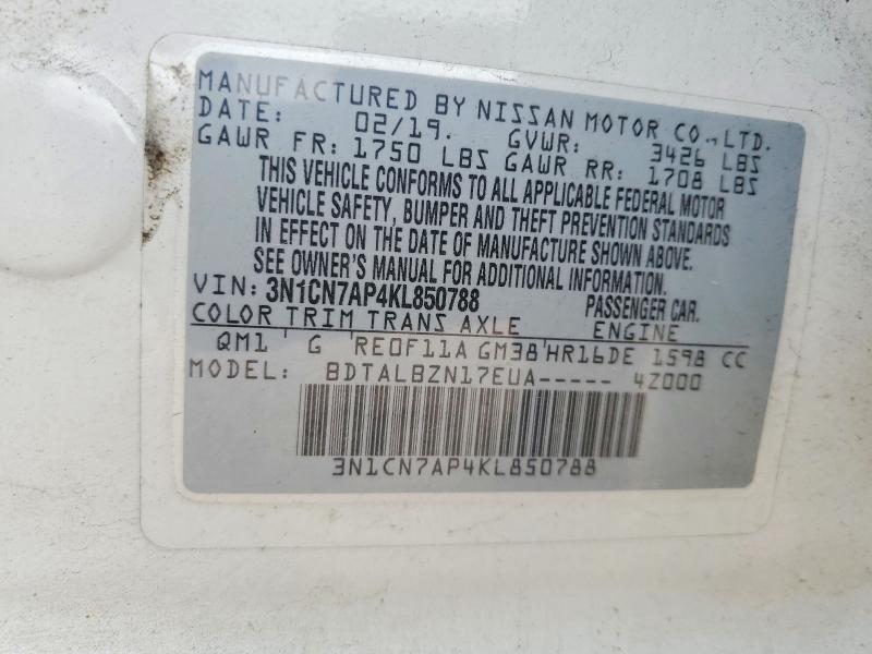 2019 Nissan Versa მანქანა იყიდება აუქციონზე, vin: 3N1CN7AP4KL850788, აუქციონის ნომერი: 52687006