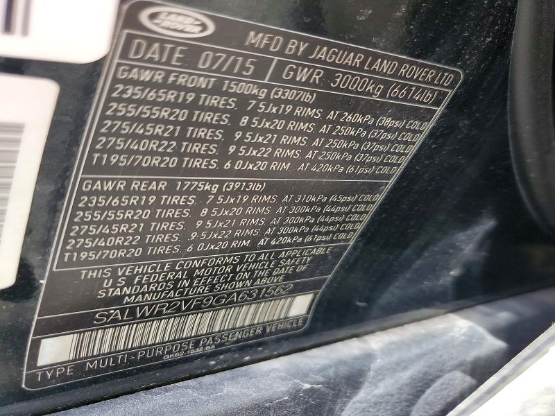 Aukcja sprzedaży 2016 Land Rover Range Rover Sport, vin: SALWR2VF9GA631562, numer aukcji: 53995786