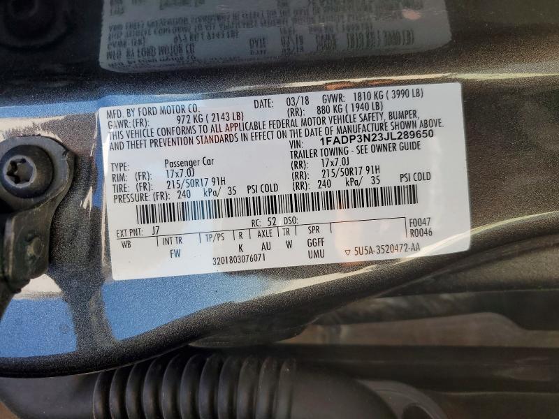 2018 Ford Focus მანქანა იყიდება აუქციონზე, vin: 1FADP3N23JL289650, აუქციონის ნომერი: 54243456