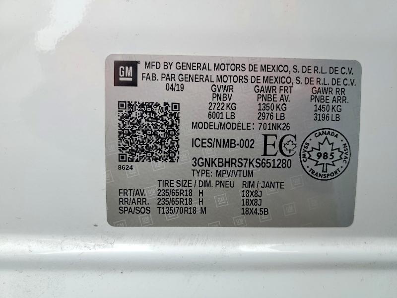 Aukcja sprzedaży 2019 Chevrolet Blazer, vin: 3GNKBHRS7KS651280, numer aukcji: 52725426