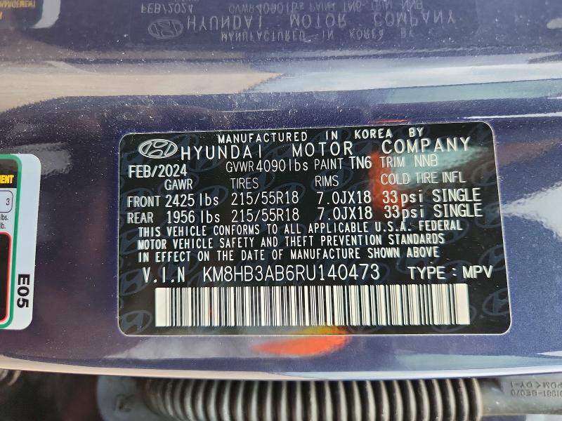 54232206 :رقم المزاد ، KM8HB3AB6RU140473 vin ، 2024 Hyundai Kona مزاد بيع
