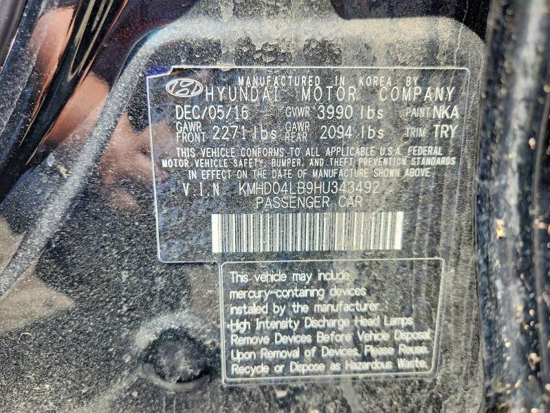 Aukcja sprzedaży 2017 Hyundai Elantra, vin: KMHD04LB9HU343492, numer aukcji: 54301106