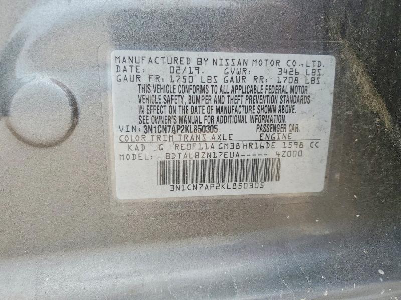 Продажа на аукционе авто 2019 Nissan Versa, vin: 3N1CN7AP2KL850305, номер лота: 52512326