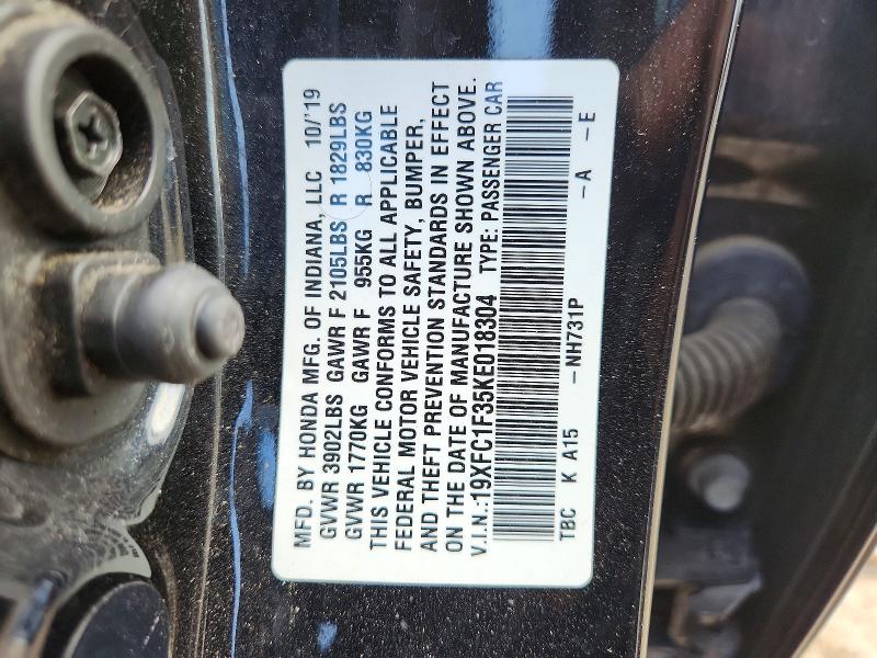 Aukcja sprzedaży 2019 Honda Civic, vin: 19XFC1F35KE018304, numer aukcji: 53188546