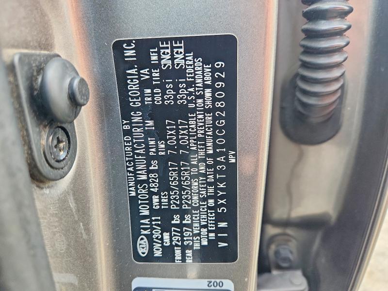 2012 Kia Sorento მანქანა იყიდება აუქციონზე, vin: 5XYKT3A10CG280929, აუქციონის ნომერი: 54206386