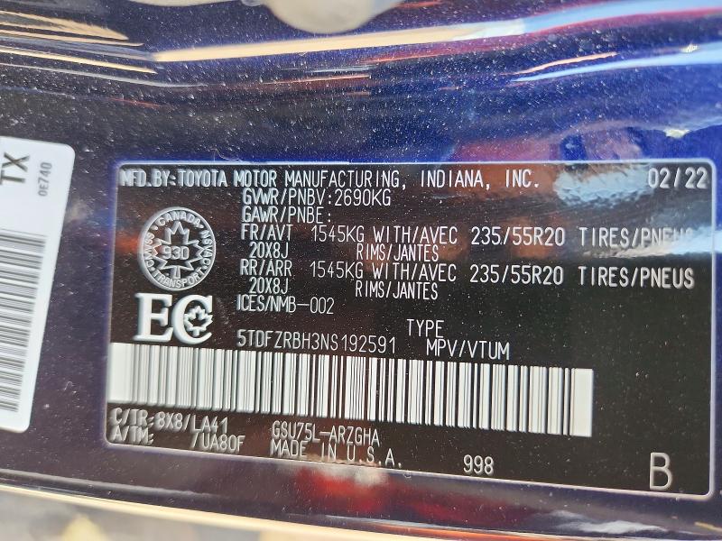 52294576 :رقم المزاد ، 5TDFZRBH3NS192591 vin ، 2022 Toyota Highlander مزاد بيع