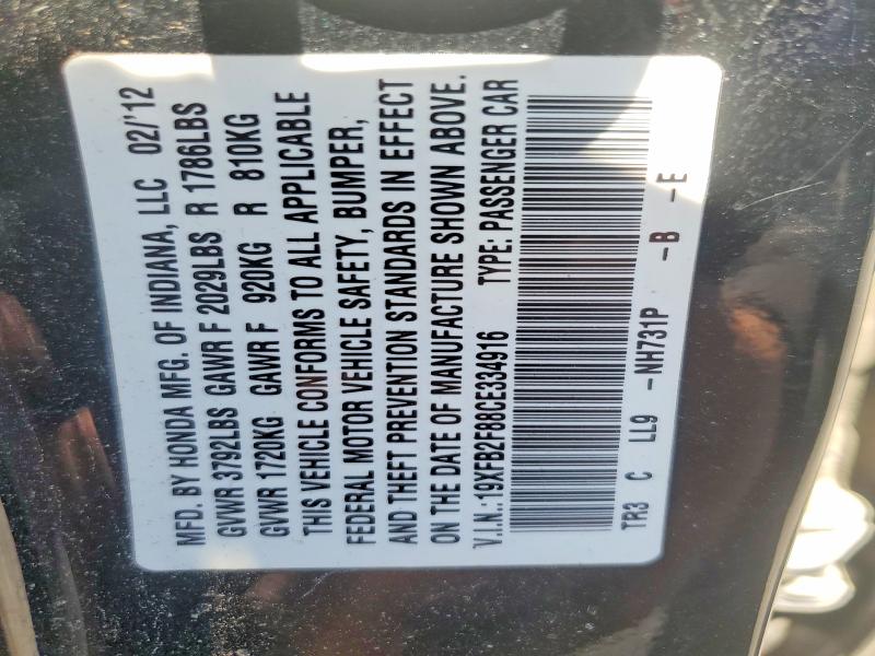 Aukcja sprzedaży 2012 Honda Civic, vin: 19XFB2F88CE334916, numer aukcji: 54782866