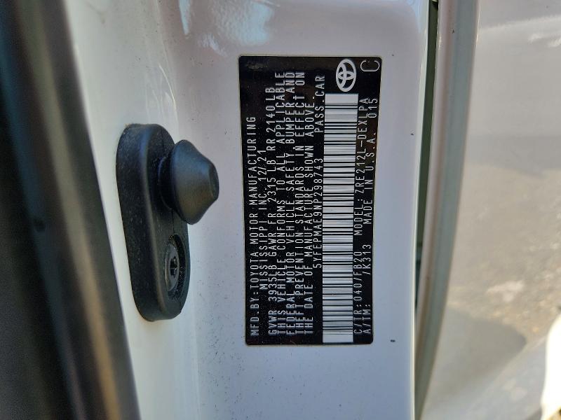 54298086 :رقم المزاد ، 5YFEPMAE9NP298743 vin ، 2022 Toyota Corolla مزاد بيع