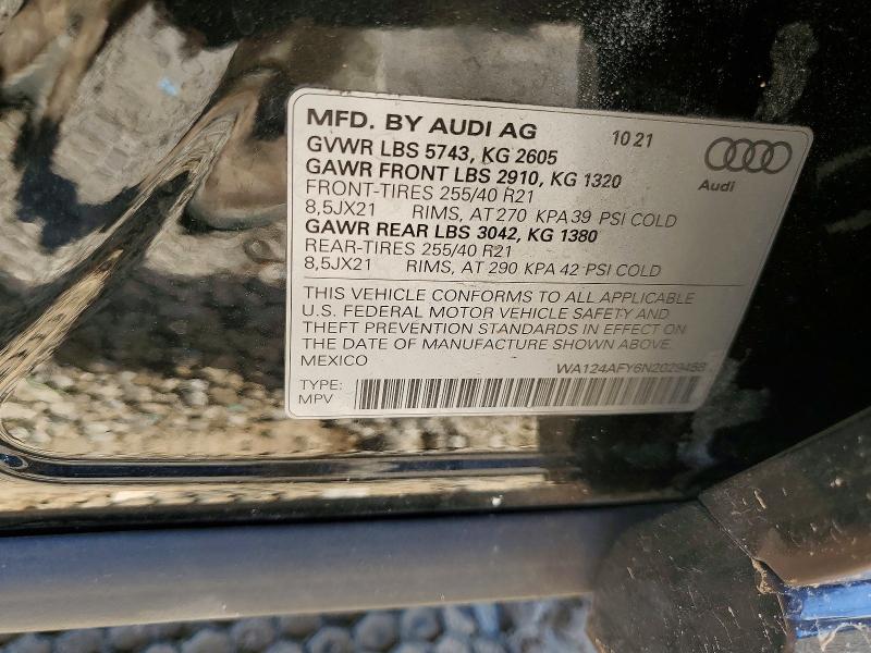 51510076 :رقم المزاد ، WA124AFY6N2029458 vin ، 2022 Audi Sq5 مزاد بيع