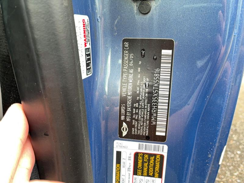 53775126 :رقم المزاد ، WMWRH335X5TK55816 vin ، 2005 Mini Cooper مزاد بيع