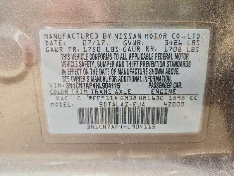 54353916 :رقم المزاد ، 3N1CN7AP4HL904115 vin ، 2017 Nissan Versa مزاد بيع
