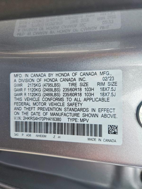 2023 Honda Cr-v მანქანა იყიდება აუქციონზე, vin: 2HKRS4H70PH416380, აუქციონის ნომერი: 55056986