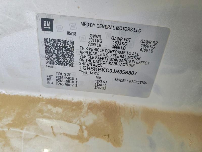 53201956 :رقم المزاد ، 1GNSKBKC0JR358807 vin ، 2018 Chevrolet Tahoe مزاد بيع