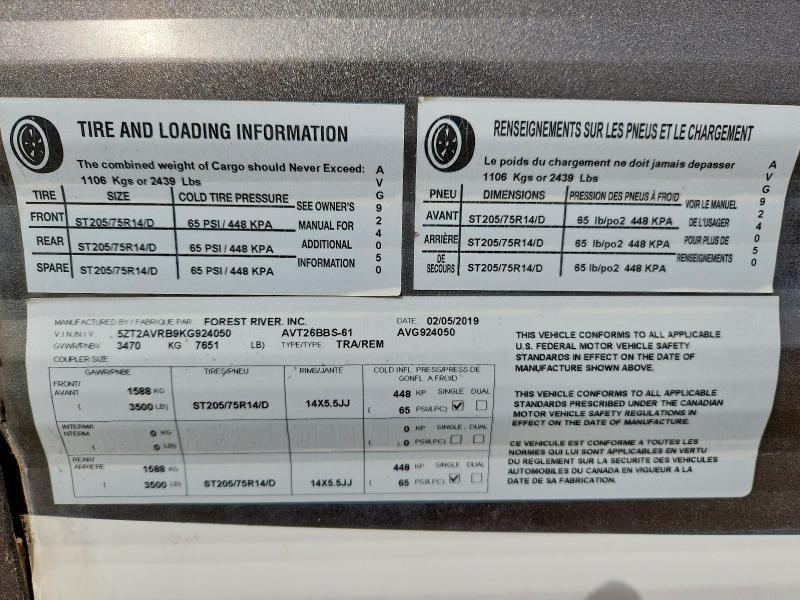 Продаж на аукціоні авто 2019 Forest Riv Avenger, vin: 5ZT2AVRB9KG924050, номер лоту: 54091996