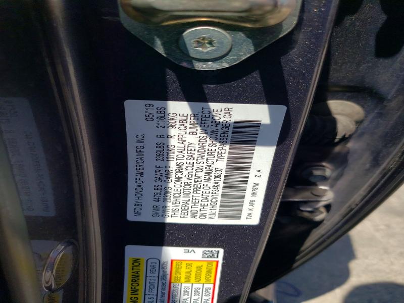 52089516 :رقم المزاد ، 1HGCV1F34KA109307 vin ، 2019 Honda Accord مزاد بيع