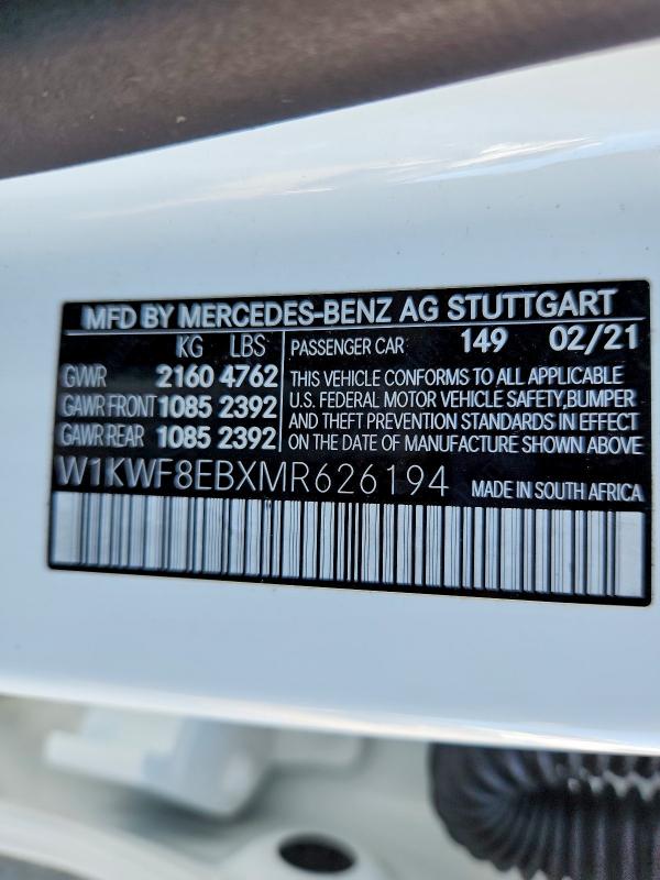 Продажа на аукционе авто 2021 Mercedes-benz C, vin: W1KWF8EBXMR626194, номер лота: 53356546
