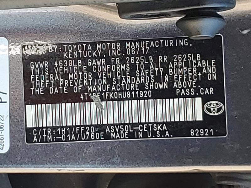 Продажа на аукционе авто 2017 Toyota Camry, vin: 4T1BF1FK0HU811920, номер лота: 54793976