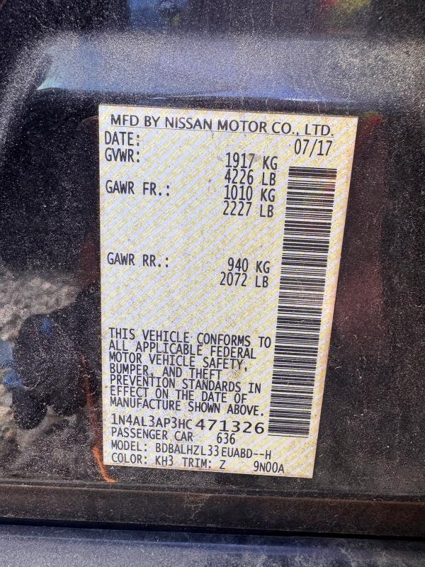 48707506 :رقم المزاد ، 1N4AL3AP3HC471326 vin ، 2017 Nissan Altima مزاد بيع