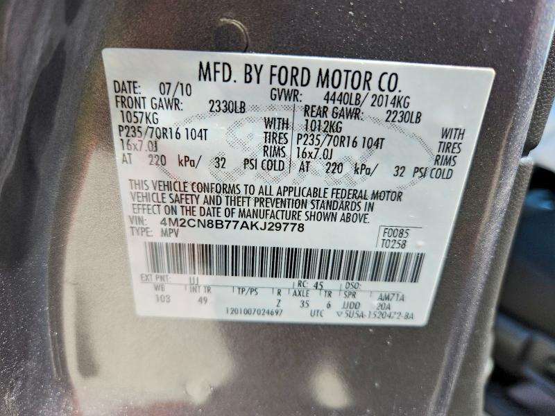 2010 Mercury Mariner მანქანა იყიდება აუქციონზე, vin: 4M2CN8B77AKJ29778, აუქციონის ნომერი: 55243826