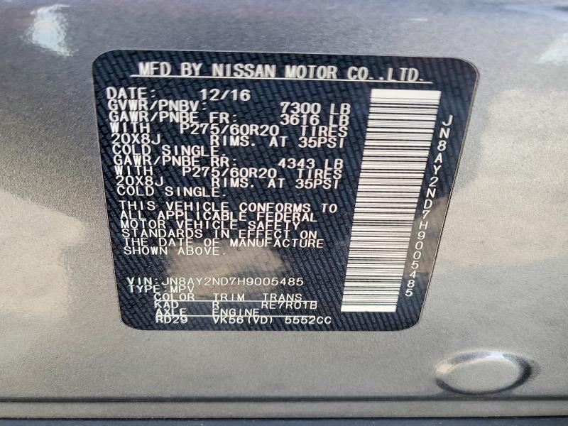 52992126 :رقم المزاد ، JN8AY2ND7H9005485 vin ، 2017 Nissan Armada مزاد بيع