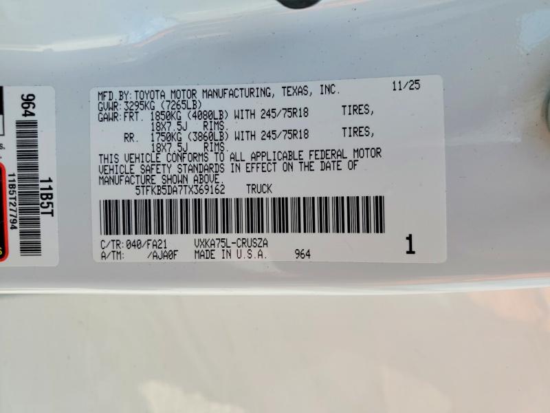 Продаж на аукціоні авто 2026 Toyota Tundra, vin: 5TFKB5DA7TX369162, номер лоту: 53577996