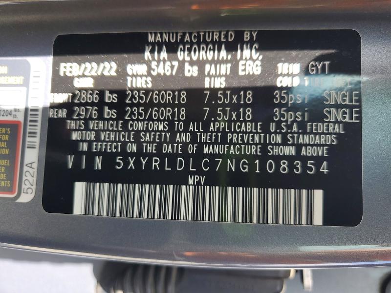 53381166 :رقم المزاد ، 5XYRLDLC7NG108354 vin ، 2022 Kia Sorento مزاد بيع