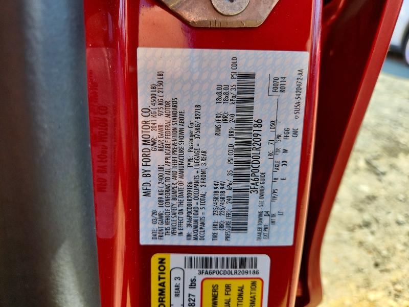 Aukcja sprzedaży 2020 Ford Fusion, vin: 3FA6P0CD0LR209186, numer aukcji: 54065396