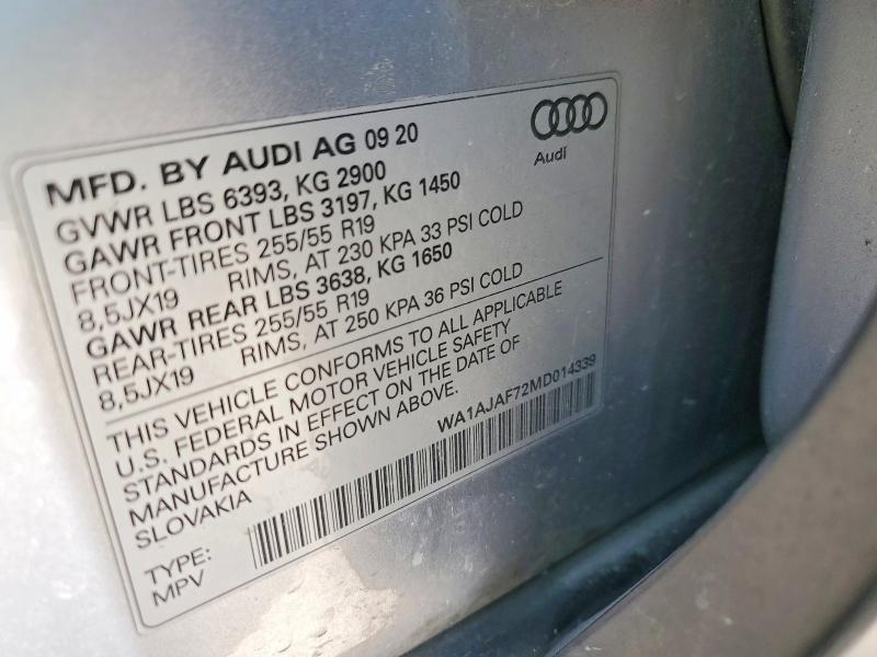 Продаж на аукціоні авто 2021 Audi Q7, vin: WA1AJAF72MD014339, номер лоту: 52207156