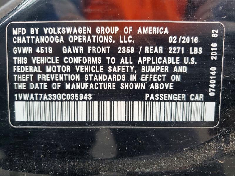 Aukcja sprzedaży 2016 Volkswagen Passat, vin: 1VWAT7A33GC035943, numer aukcji: 52259406