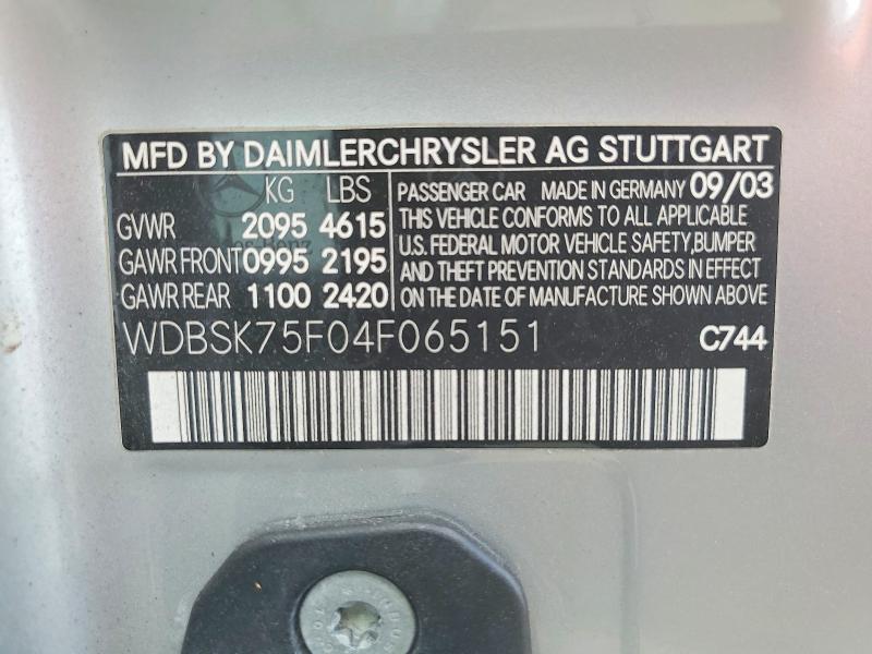 Aukcja sprzedaży 2004 Mercedes-benz Sl, vin: WDBSK75F04F065151, numer aukcji: 55239336