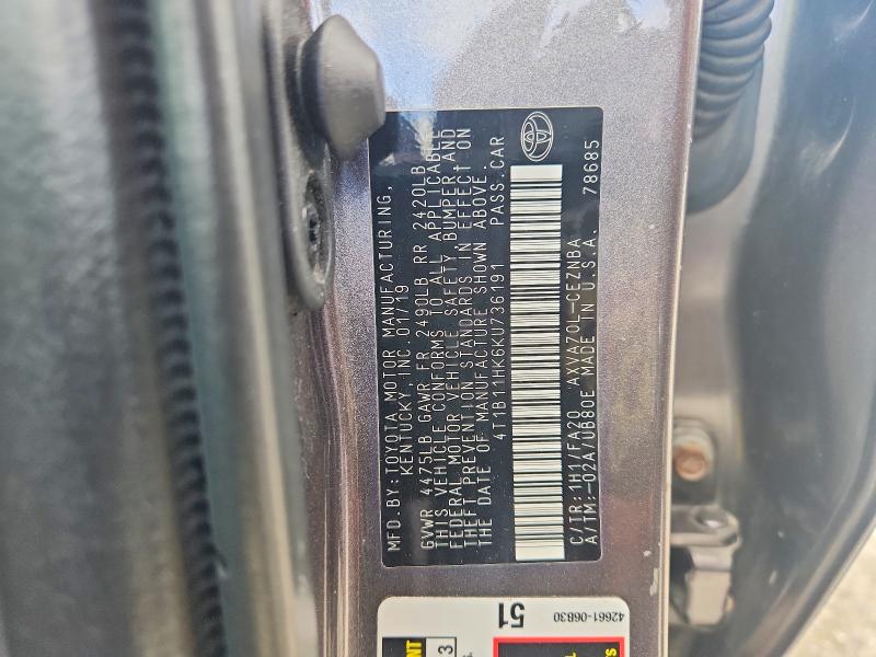 Продаж на аукціоні авто 2019 Toyota Camry, vin: 4T1B11HK6KU736191, номер лоту: 52440086