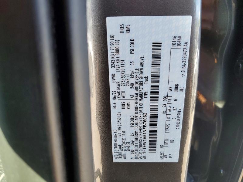 2022 Ford F150 მანქანა იყიდება აუქციონზე, vin: 1FTFW1E51NFB76062, აუქციონის ნომერი: 52761906