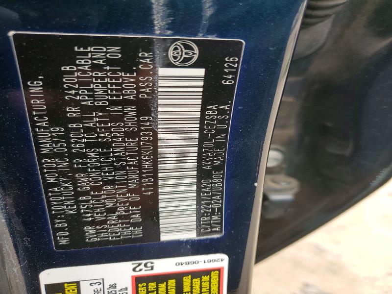 2019 Toyota Camry მანქანა იყიდება აუქციონზე, vin: 4T1B11HK6KU793149, აუქციონის ნომერი: 52404146
