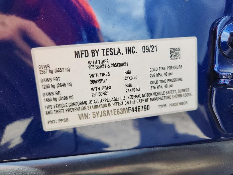 2021 Tesla Model S მანქანა იყიდება აუქციონზე, vin: 5YJSA1E63MF446790, აუქციონის ნომერი: 54072756