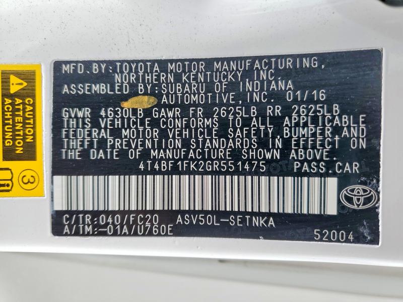 Продажа на аукционе авто 2016 Toyota Camry, vin: 4T4BF1FK2GR551475, номер лота: 55054566