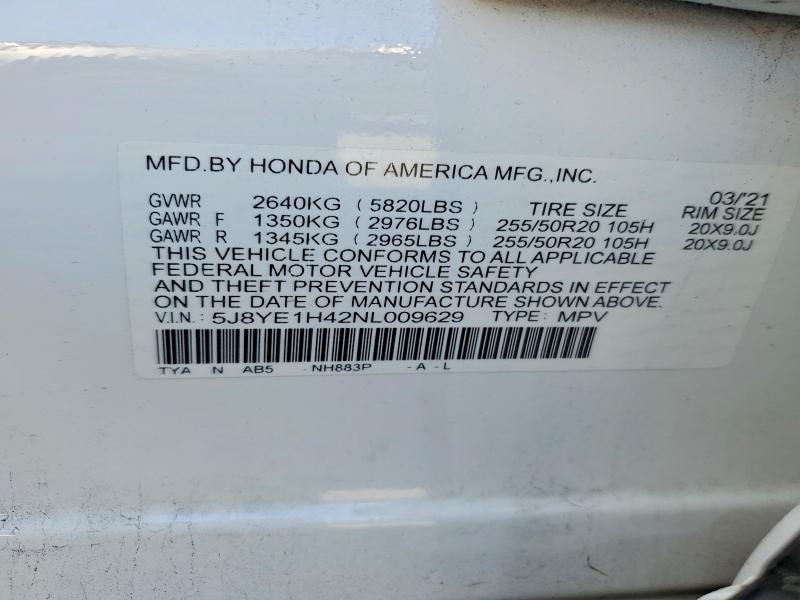 53596216 :رقم المزاد ، 5J8YE1H42NL009629 vin ، 2022 Acura Mdx مزاد بيع