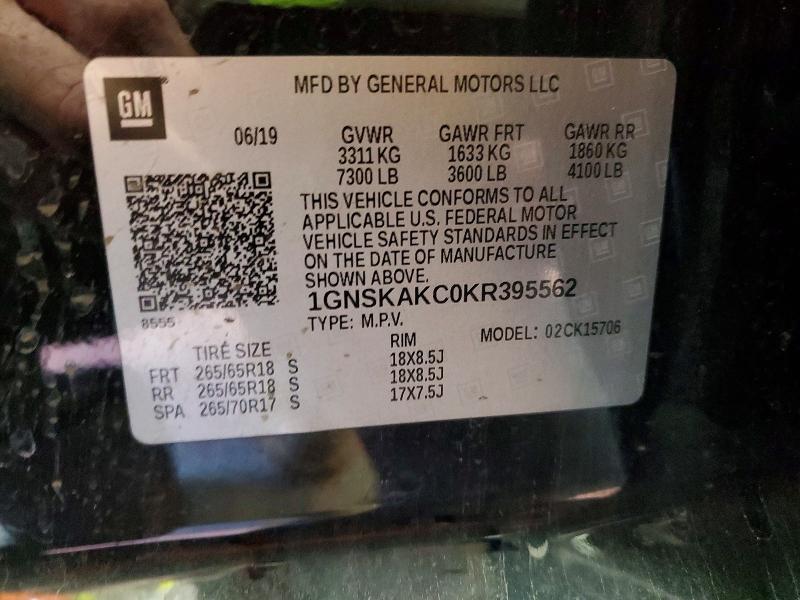 Продаж на аукціоні авто 2019 Chevrolet Tahoe, vin: 1GNSKAKC0KR395562, номер лоту: 52476186