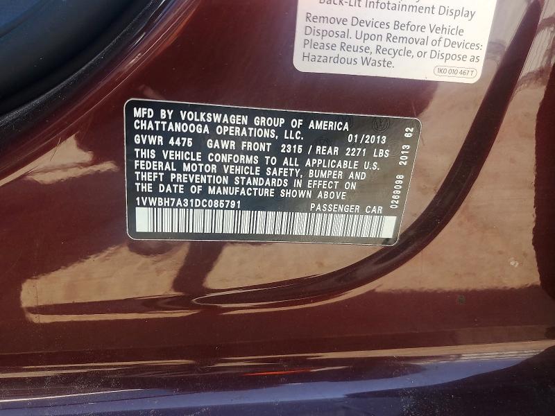 Продаж на аукціоні авто 2013 Volkswagen Passat, vin: 1VWBH7A31DC085791, номер лоту: 52243346
