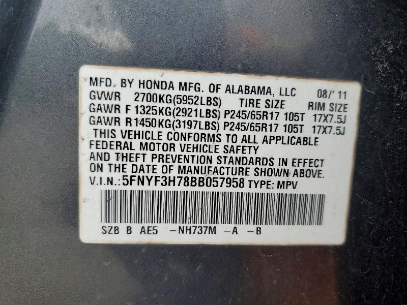 54673156 :رقم المزاد ، 5FNYF3H78BB057958 vin ، 2011 Honda Pilot مزاد بيع