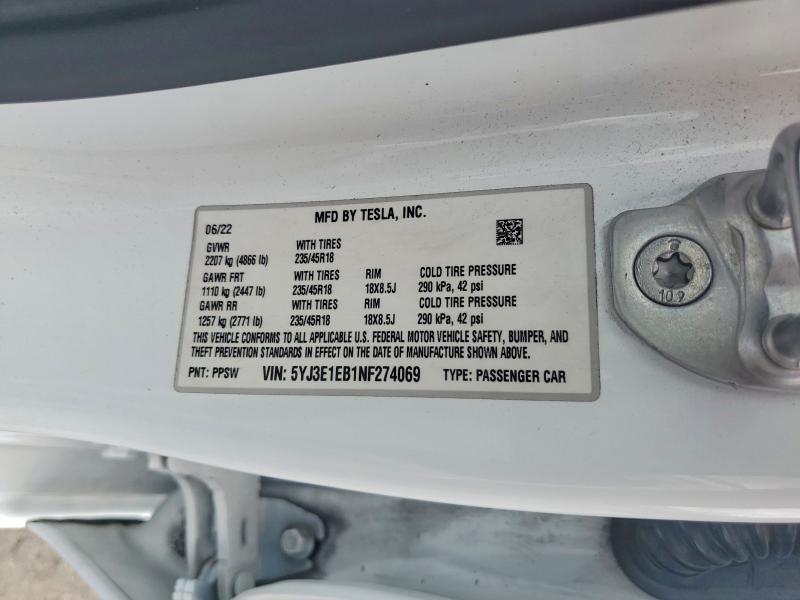 2022 Tesla Model 3 მანქანა იყიდება აუქციონზე, vin: 5YJ3E1EB1NF274069, აუქციონის ნომერი: 54629596