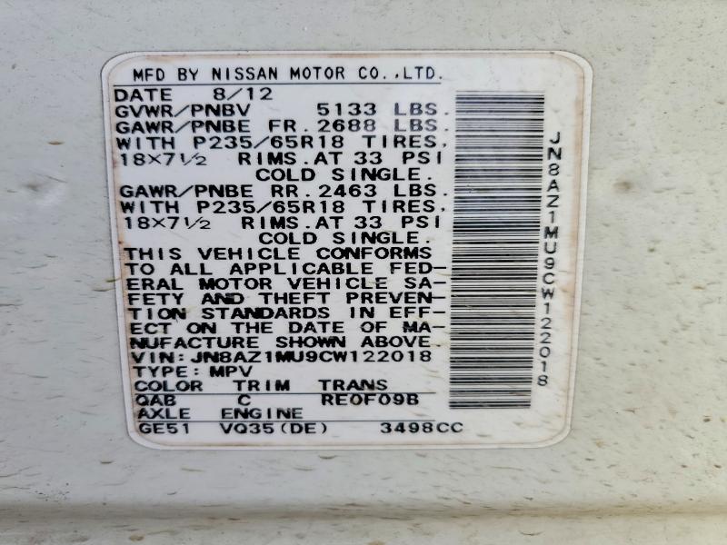 Aukcja sprzedaży 2012 Nissan Murano, vin: JN8AZ1MU9CW122018, numer aukcji: 52899516