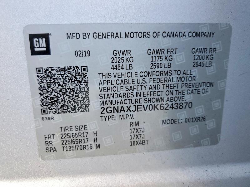 Продажа на аукционе авто 2019 Chevrolet Equinox, vin: 2GNAXJEV0K6243870, номер лота: 54630106