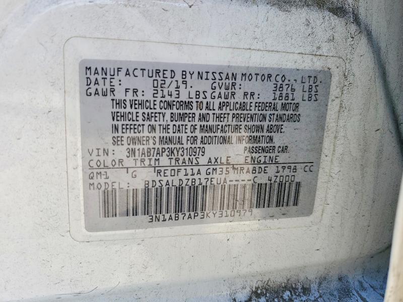 2019 Nissan Sentra მანქანა იყიდება აუქციონზე, vin: 3N1AB7AP3KY310979, აუქციონის ნომერი: 51841566