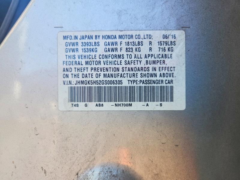 53091006 :رقم المزاد ، JHMGK5H52GS006305 vin ، 2016 Honda Fit مزاد بيع