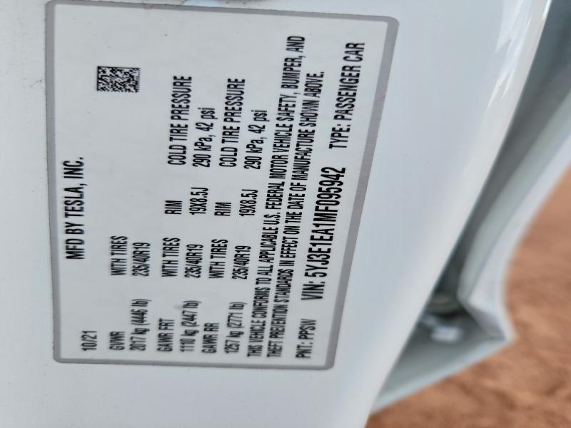 2021 Tesla Model 3 მანქანა იყიდება აუქციონზე, vin: 5YJ3E1EA1MF095942, აუქციონის ნომერი: 53611716