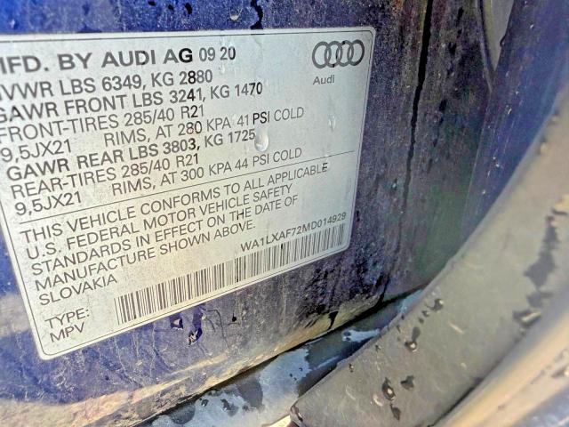 2021 Audi Q7 მანქანა იყიდება აუქციონზე, vin: WA1LXAF72MD014929, აუქციონის ნომერი: 55493746